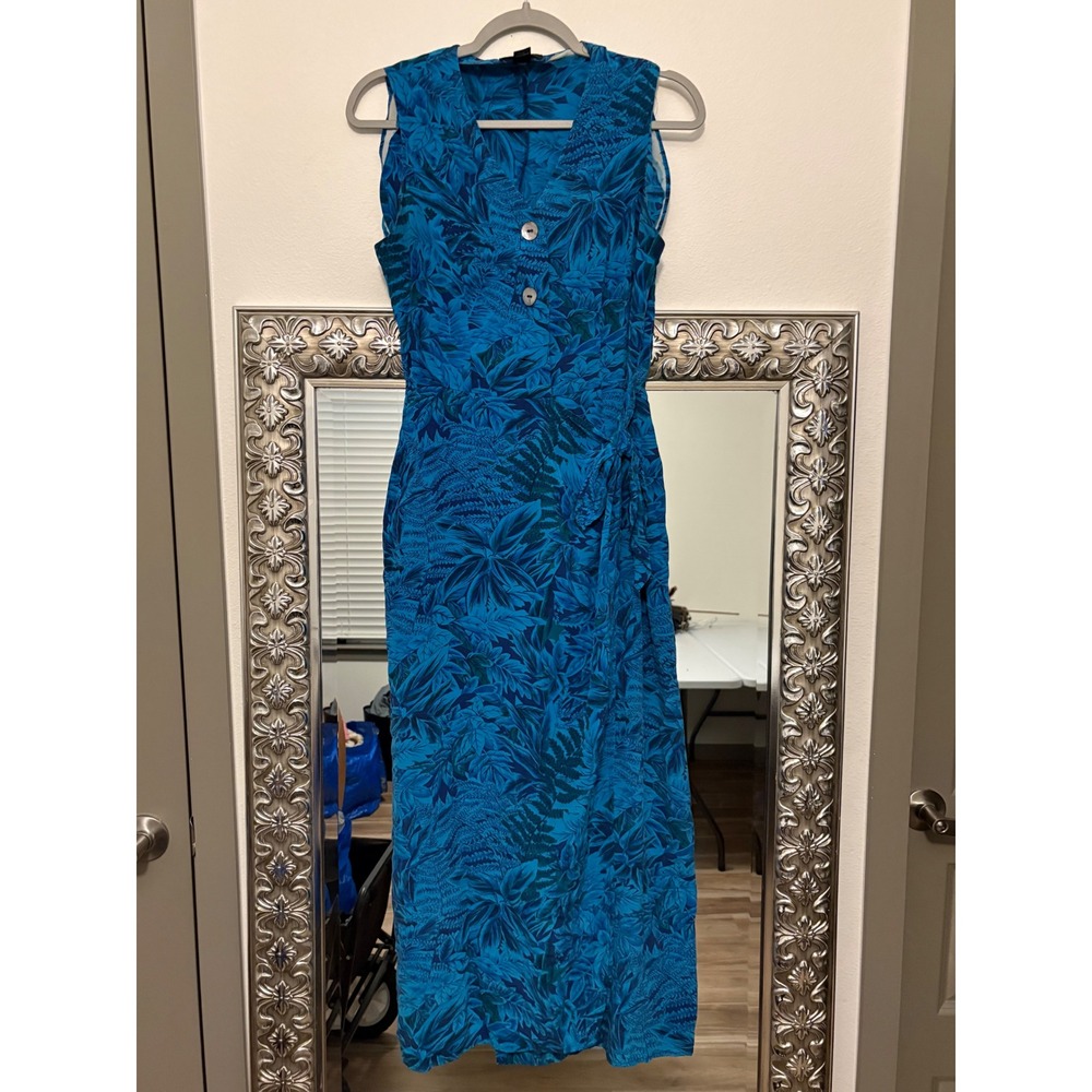 MXI Vintage 100% Silk Tropical Floral Maxi Dress Blue Sleeveless Size 6 C5